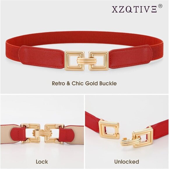 Women Skinny Elastic Cinch Belt 2-Pack Retro Gold Buckle Fits Waist 32-39 main image 5